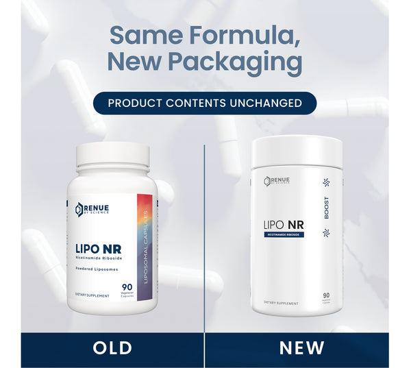 Promotional graphic showing two supplement bottles labeled LIPO NR, with the headline 'Same Formula, New Packaging' and 'Product Contents Unchanged.' The left bottle is labeled 'OLD' and the right bottle 'NEW'; both are white with blue and orange label accents on a pale gray background with blurred capsules.