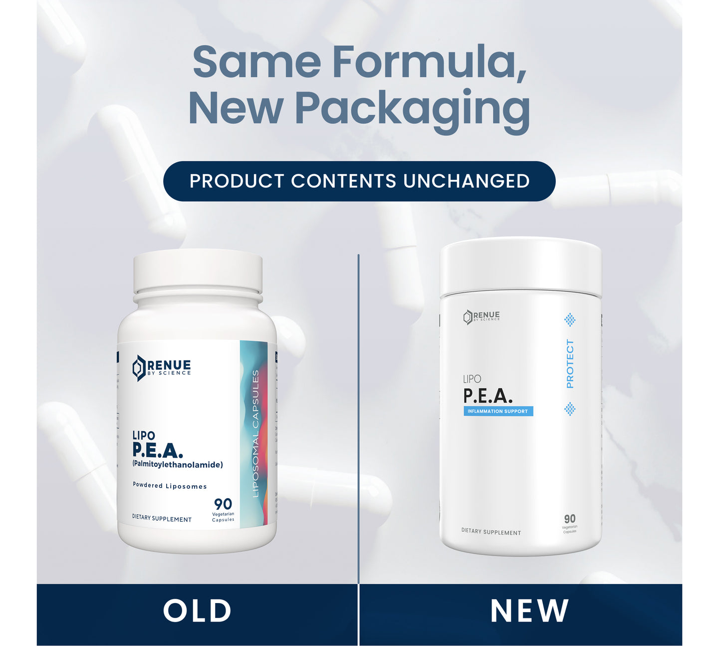 Promotional comparison graphic showing two white supplement bottles labeled RENUE Labs P.E.