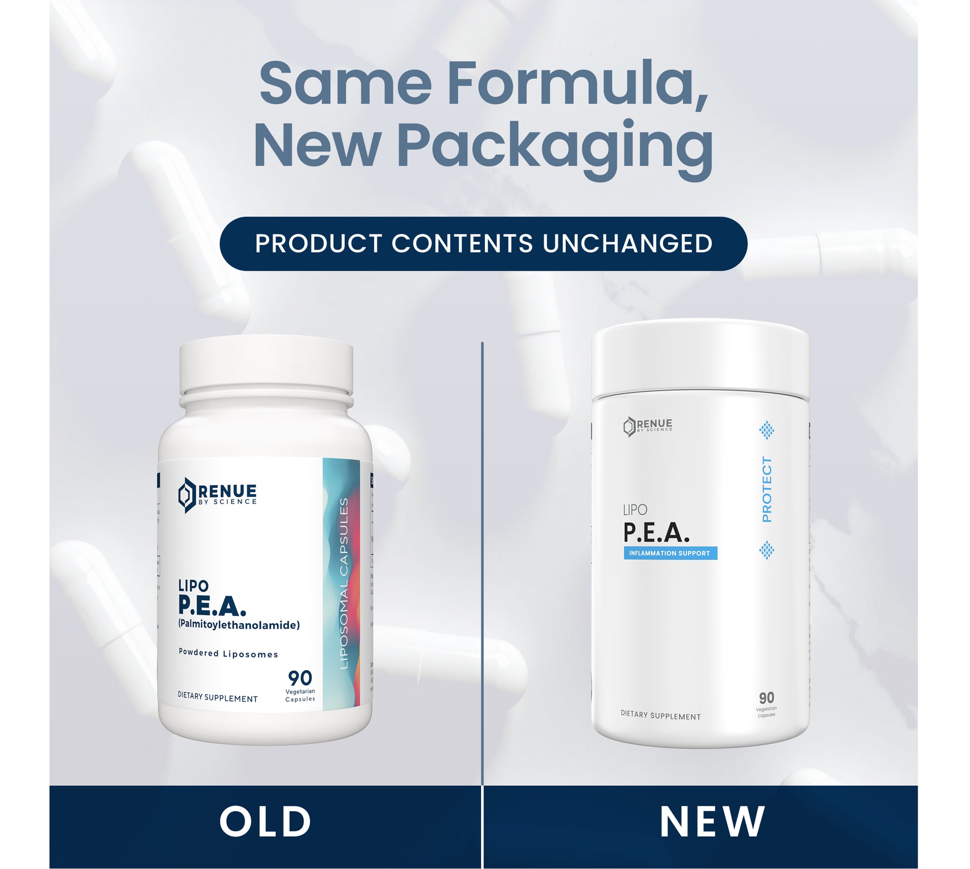 Promotional comparison graphic showing two white supplement bottles labeled RENUE Labs P.E.
