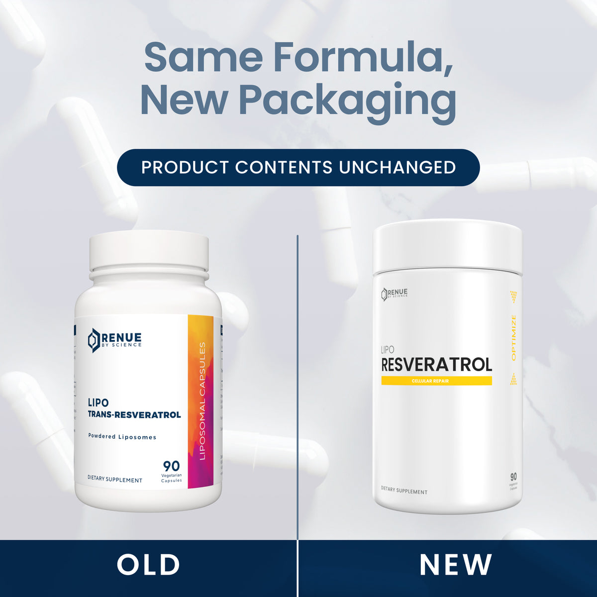 Promotional comparison graphic showing two white supplement bottles labeled Renue Labs Lipid Resveratrol, with the text 'Same Formula, New Packaging' and 'Product Contents Unchanged.' The left bottle is labeled 'OLD' and the right bottle 'NEW,' set against a pale abstract background with capsules.