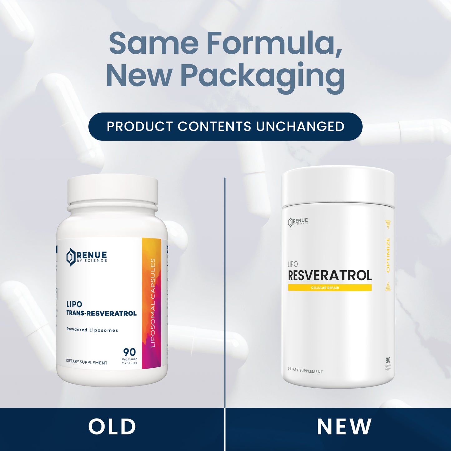 Promotional comparison graphic showing two white supplement bottles labeled Renue Labs Lipid Resveratrol, with the text 'Same Formula, New Packaging' and 'Product Contents Unchanged.' The left bottle is labeled 'OLD' and the right bottle 'NEW,' set against a pale abstract background with capsules.