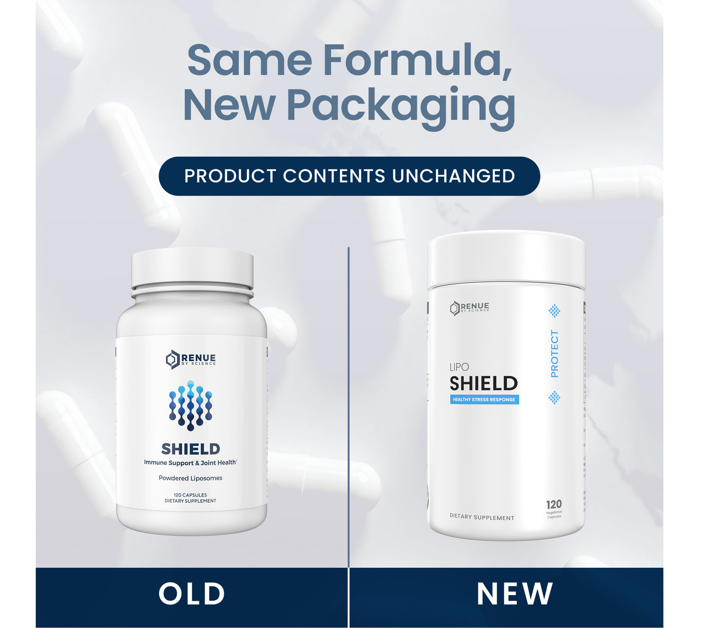 Promotional graphic showing two white supplement bottles side by side with the text 'Same Formula, New Packaging' and 'Product Contents Unchanged.' The left bottle is labeled 'OLD' and shows the old design; the right bottle is labeled 'NEW' and shows the updated packaging.