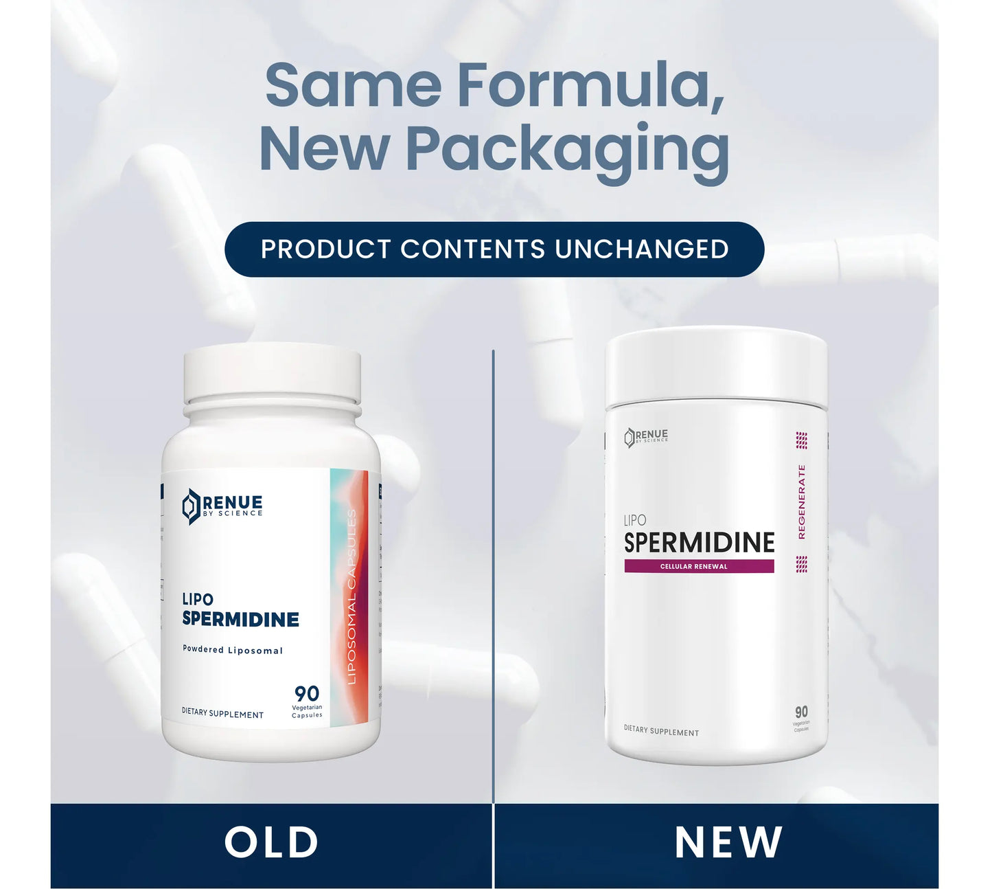 Promotional comparison graphic showing two white supplement bottles side by side with the headline 'Same Formula, New Packaging' and 'Product Contents Unchanged.' The left bottle is labeled 'OLD' and shows a peach-to-blue gradient label; the right bottle is labeled 'NEW' and has a white label with a purple accent and the product name 'Spermidine.