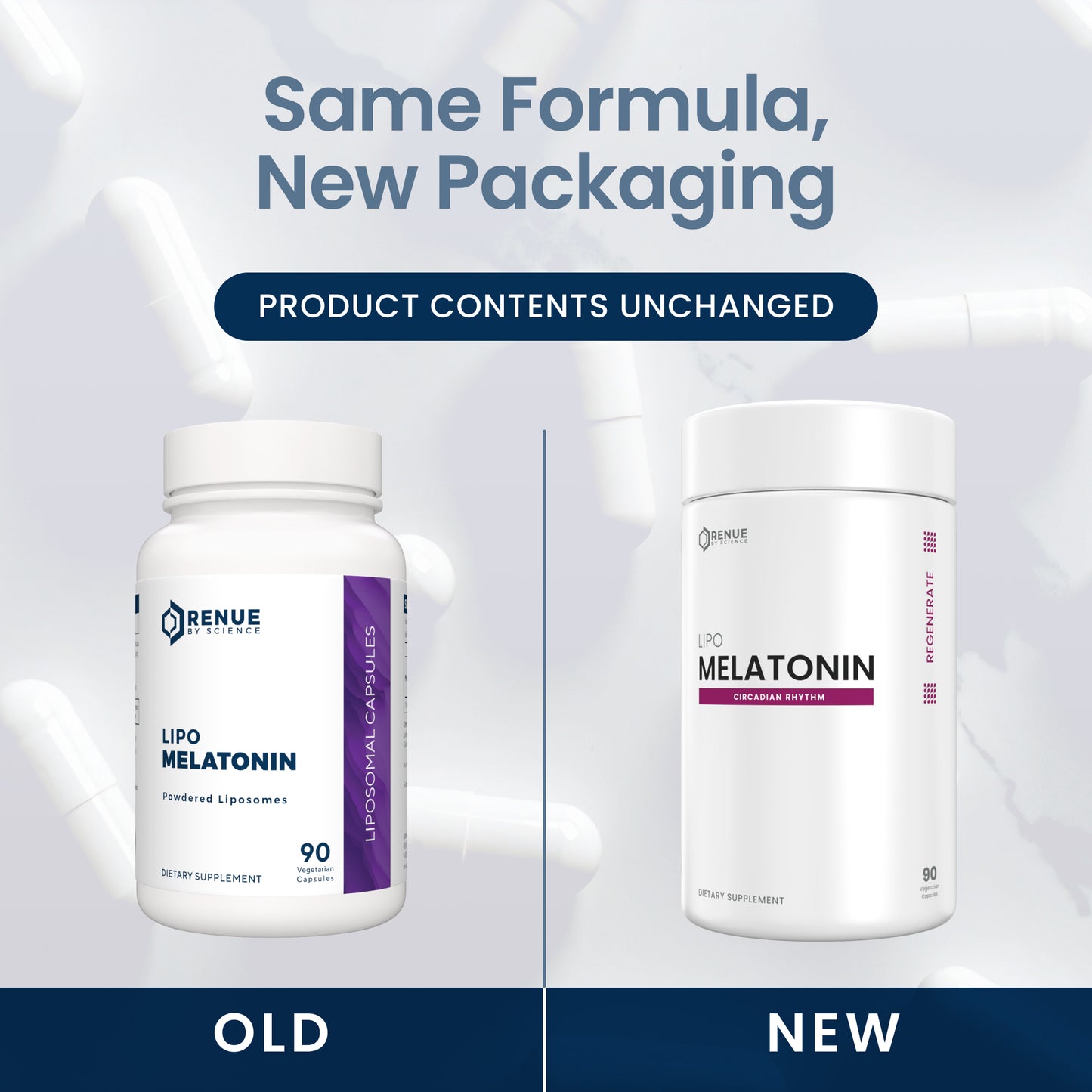 Promotional comparison graphic showing the old and new packaging of Renue Supplements Lipo Melatonin capsules. The left side shows the old white bottle with a purple label, and the right side shows the new white cylindrical container with a purple label.
