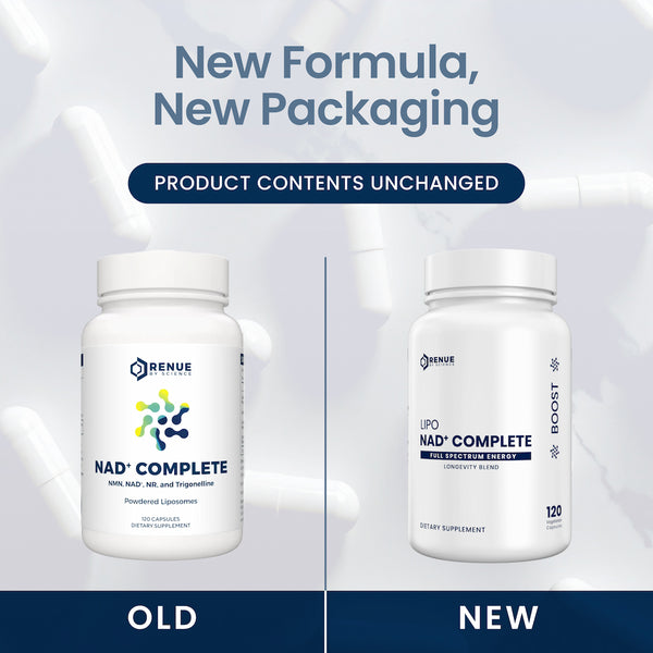 Two supplement bottles labeled 'NAD Complete' with text indicating new formula and packaging.