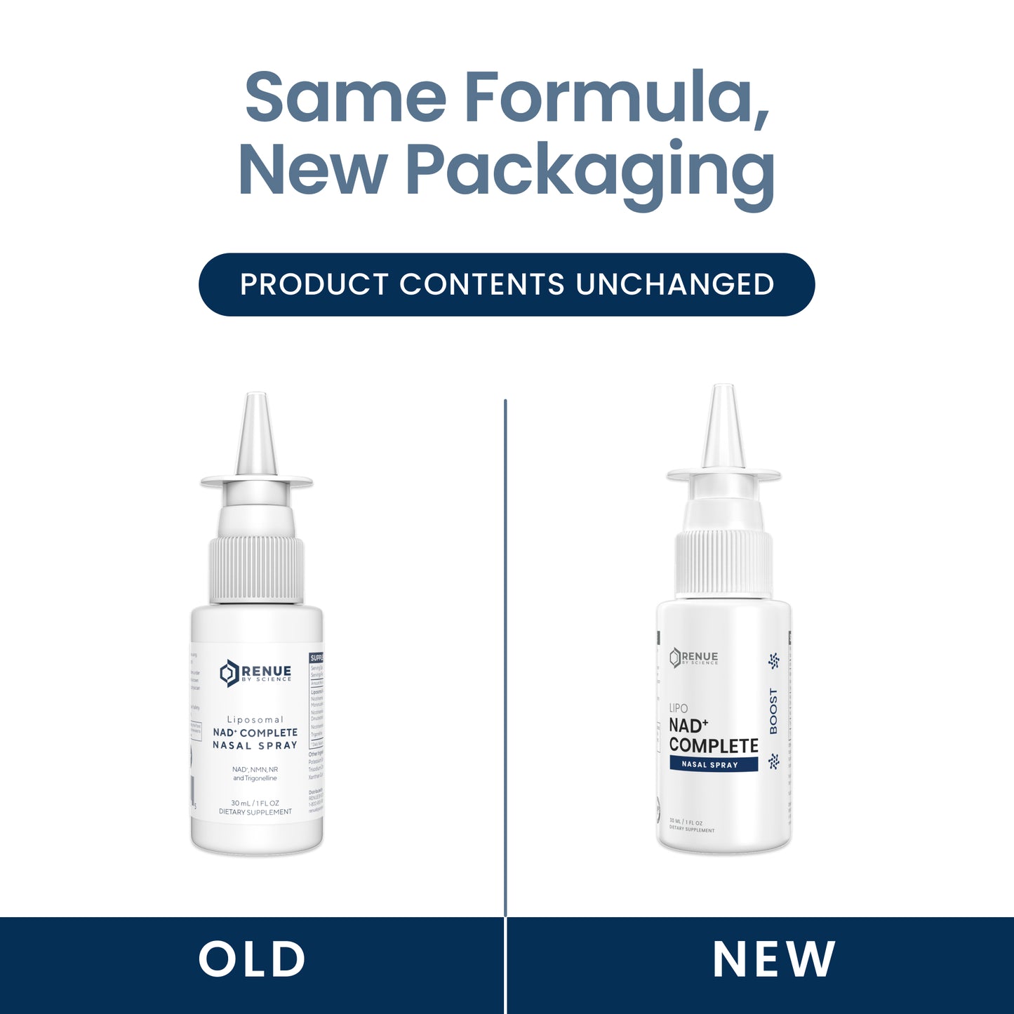 Promotional graphic showing two white nasal spray bottles labeled Benru NAD+ Complete Nasal Spray, with text reading 'Same Formula, New Packaging' and 'Product Contents Unchanged,' plus 'OLD' and 'NEW' labels below.