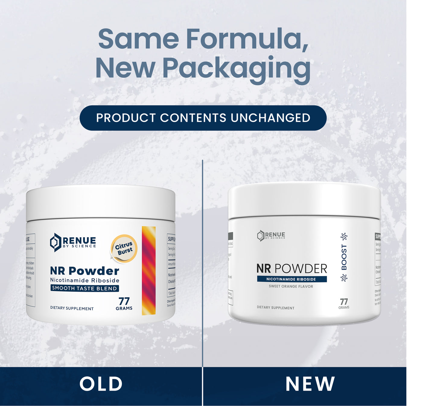 Promotional comparison graphic for Renue Nutrition NR Powder dietary supplement, showing the old white jar packaging on the left and the new white jar packaging on the right under the text 'Same Formula, New Packaging' and 'Product Contents Unchanged'.