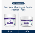 A promotional comparison graphic for pet treats showing two white jars labeled BRENUE PET NMN, with the left jar marked 'OLD' and the right jar marked 'NEW'. Large text at the top reads 'Same Active Ingredients, Tastier Treat' and a dark blue badge says 'NEW AND IMPROVED'.
