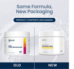 Promotional comparison graphic showing two white supplement jars labeled RENUS Pure Trans-Resveratrol, with the text 'Same Formula, New Packaging' and 'Product Contents Unchanged.' The left jar is labeled 'OLD' and the right jar 'NEW,' set against a pale textured background with dark blue banners.