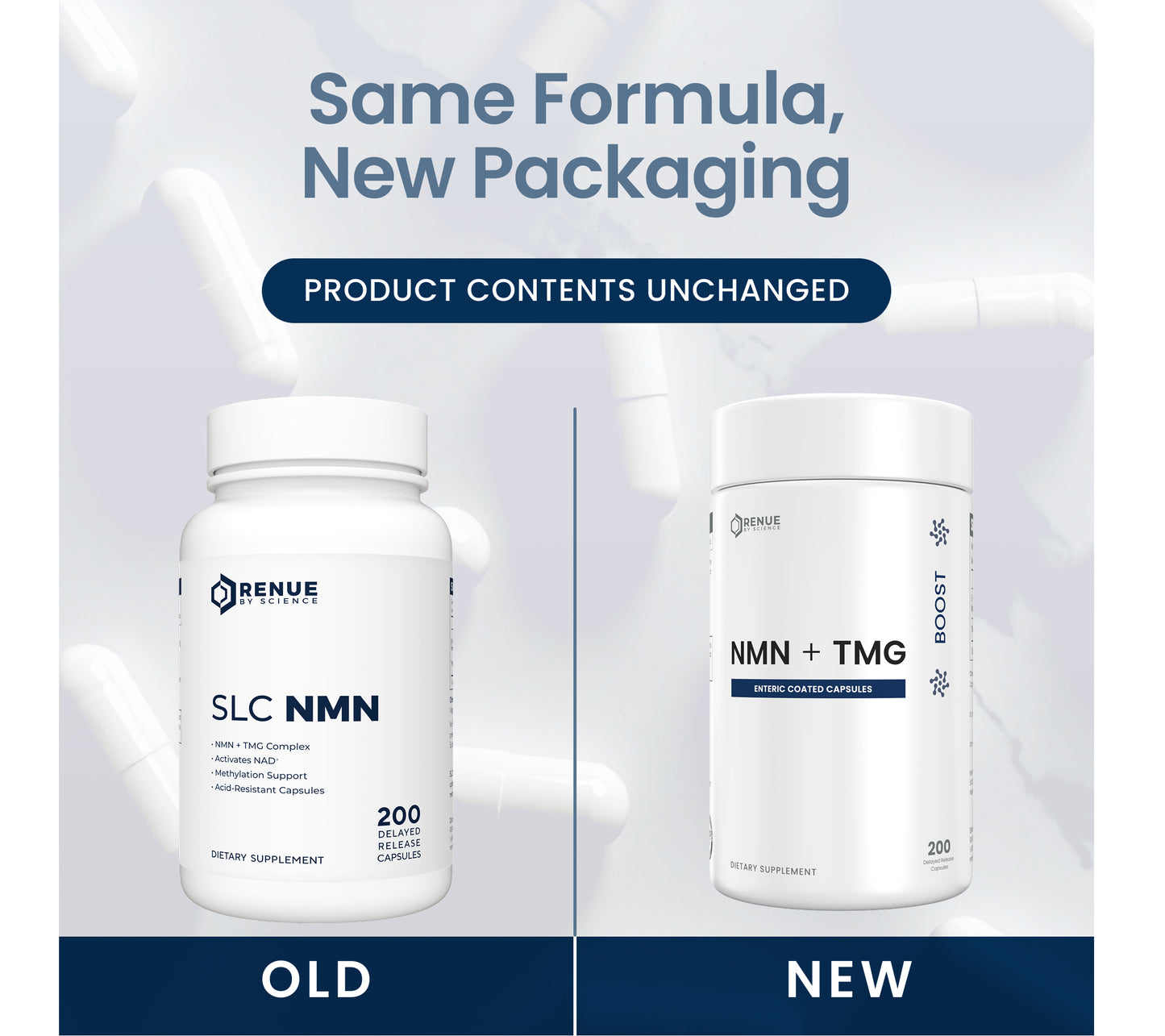 Promotional comparison graphic showing two white supplement bottles side by side with the headline 'Same Formula, New Packaging' and 'Product Contents Unchanged.' The left bottle is labeled 'OLD' and reads 'SLC NMN 200'; the right bottle is labeled 'NEW' and reads 'NMN + TMG 200.
