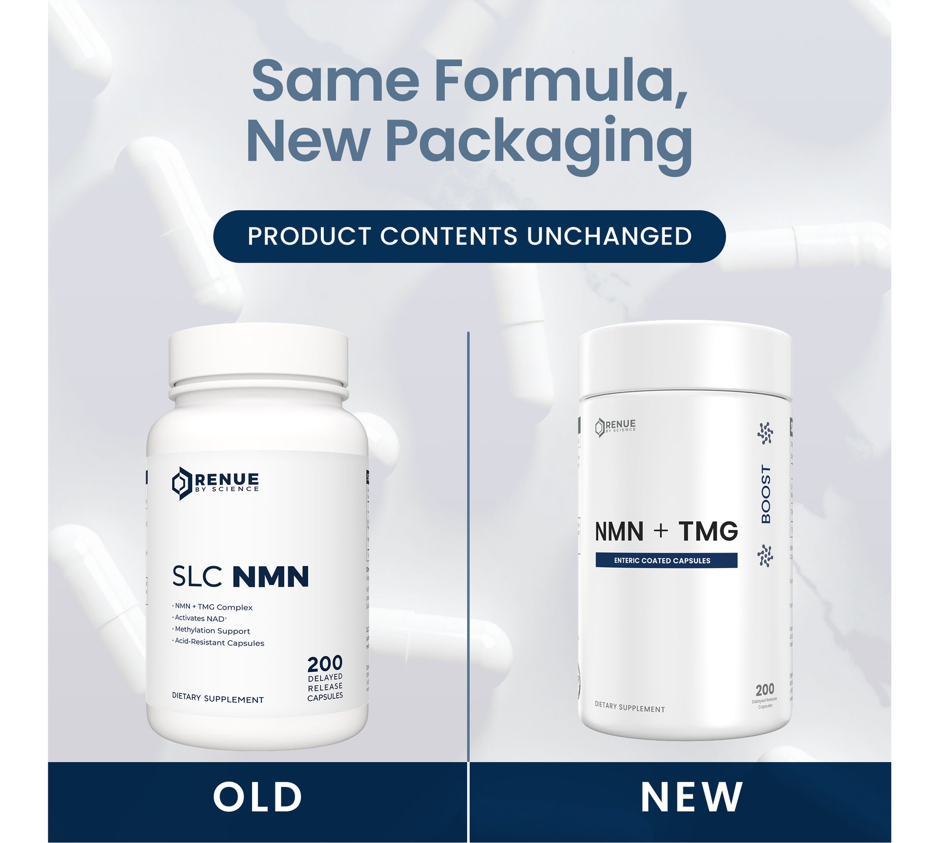 Promotional comparison graphic showing two white supplement bottles side by side with the headline 'Same Formula, New Packaging' and 'Product Contents Unchanged.' The left bottle is labeled 'OLD' and reads 'SLC NMN 200'; the right bottle is labeled 'NEW' and reads 'NMN + TMG 200.