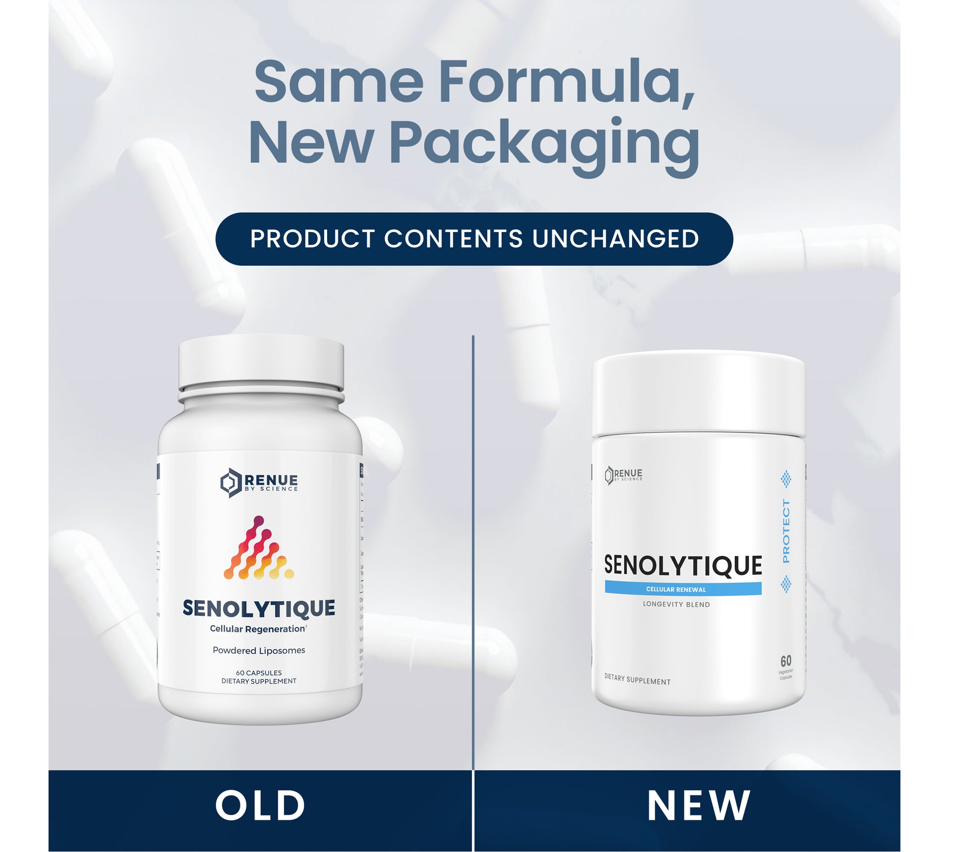 Promotional graphic showing a supplement bottle labeled SENOLYTIQUE with a split comparison: the old packaging on the left and the new packaging on the right. Large text at the top reads 'Same Formula, New Packaging' and 'Product Contents Unchanged.