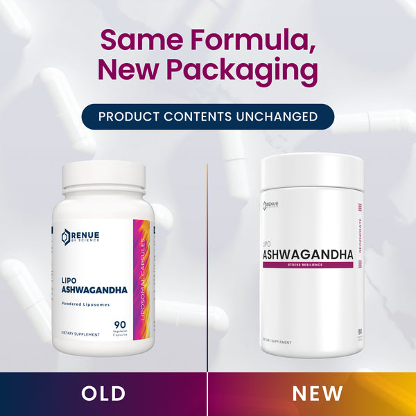 Two containers of Renuve Lipo Ashwagandha with text indicating 'Same Formula, New Packaging' on a gradient background.