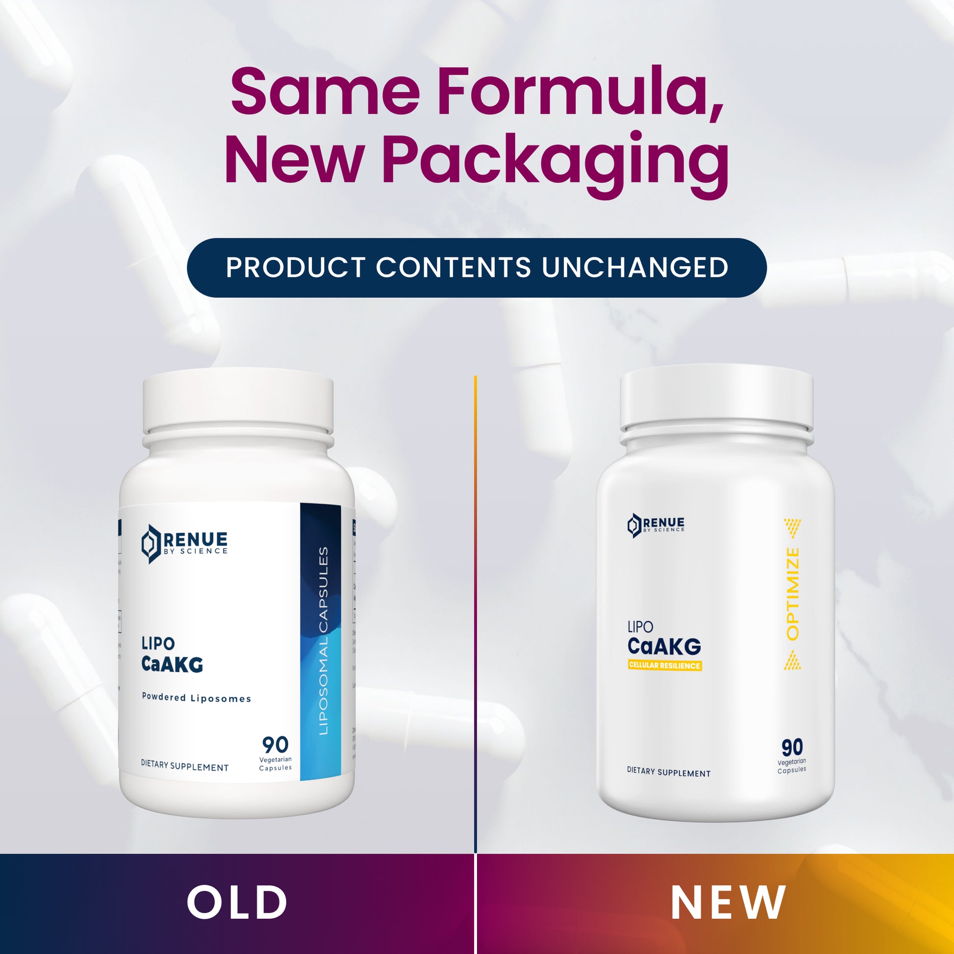 Two supplement bottles labeled 'Old' and 'New' with a Renue logo on a gradient background.
