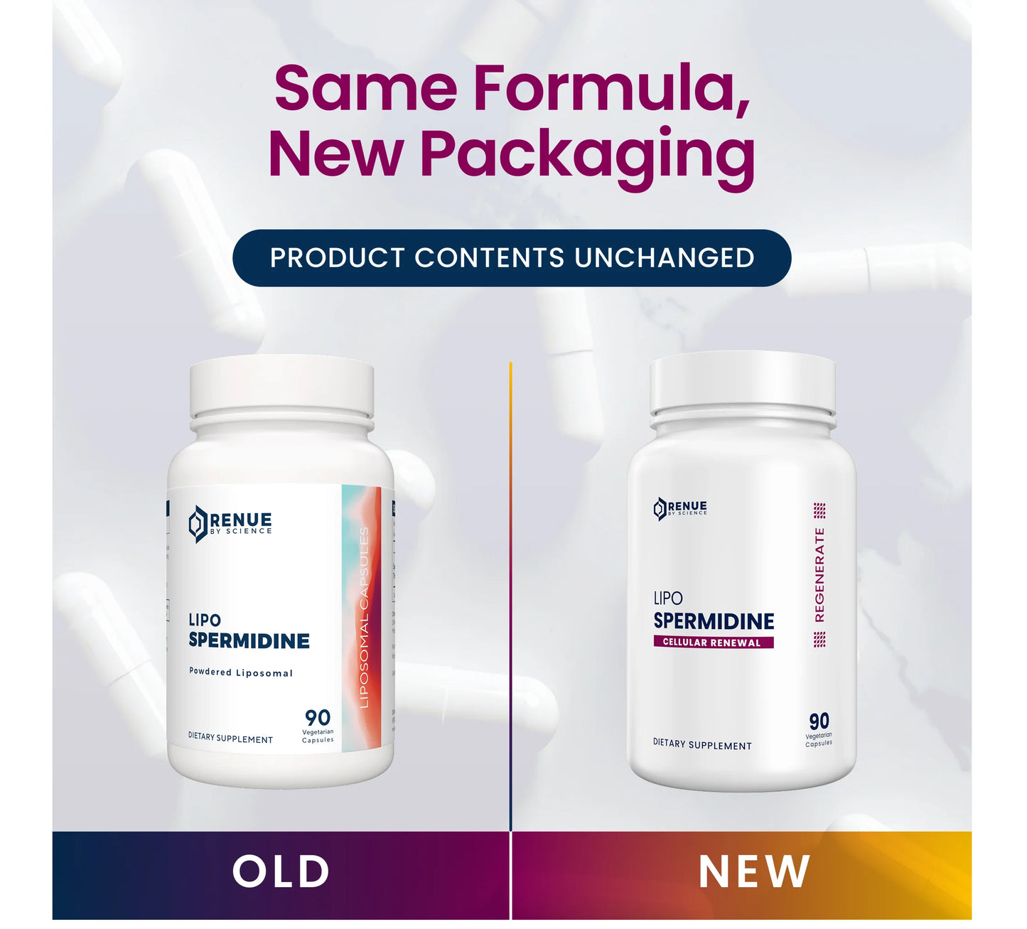 Two versions of a supplement bottle labeled 'Old' and 'New' with text indicating unchanged product contents.