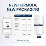 Promotional graphic for Brenue NAD+ Complete showing the old and new bottle packaging with a central comparison table of ingredient dosages. The image features large dark blue headline text reading 'NEW FORMULA, NEW PACKAGING' on a clean white background.