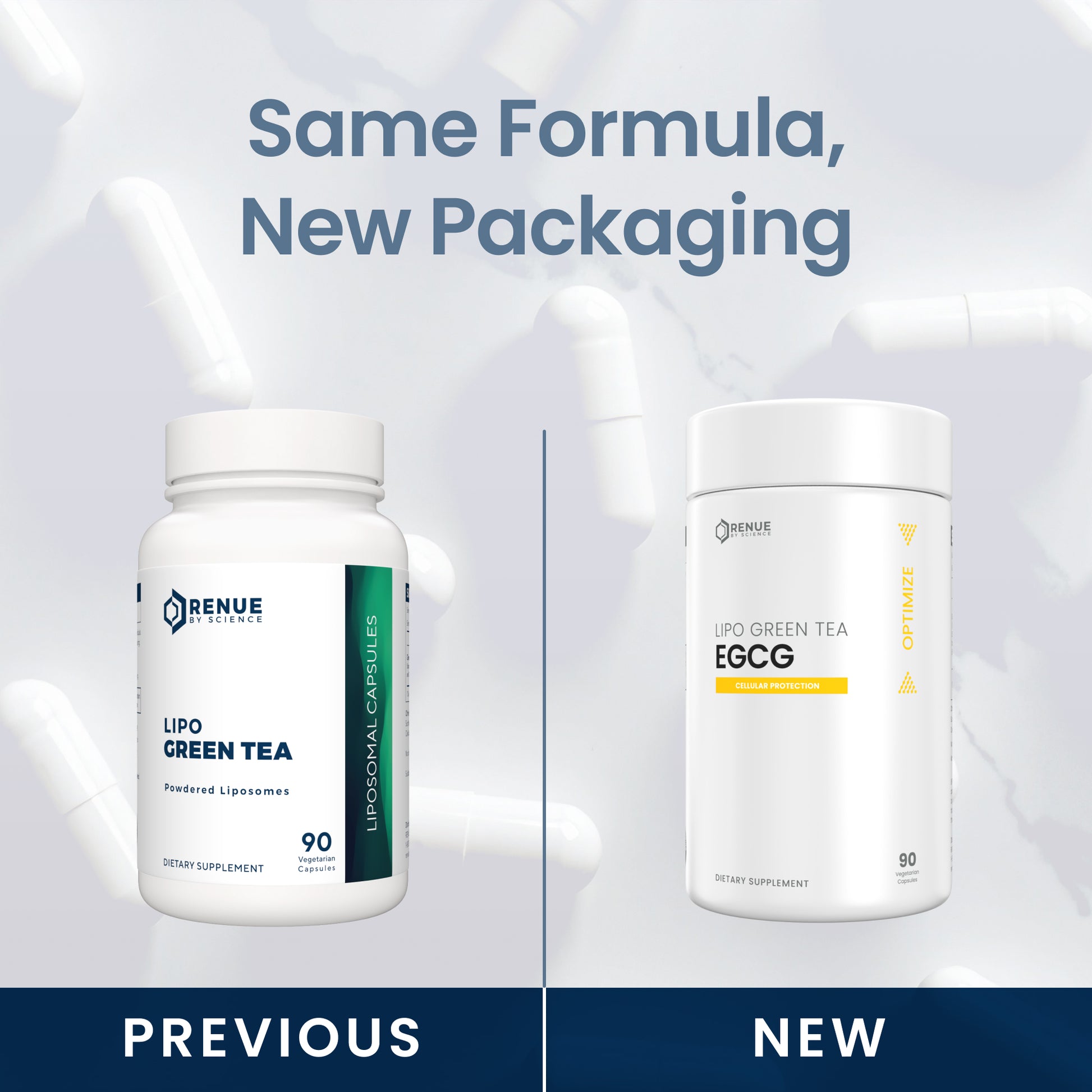 Promotional comparison graphic showing two white Renue Labs supplement bottles side by side under the headline 'Same Formula, New Packaging.' The left bottle, labeled 'Previous,' is for Lipo Green Tea and has a green vertical accent band.