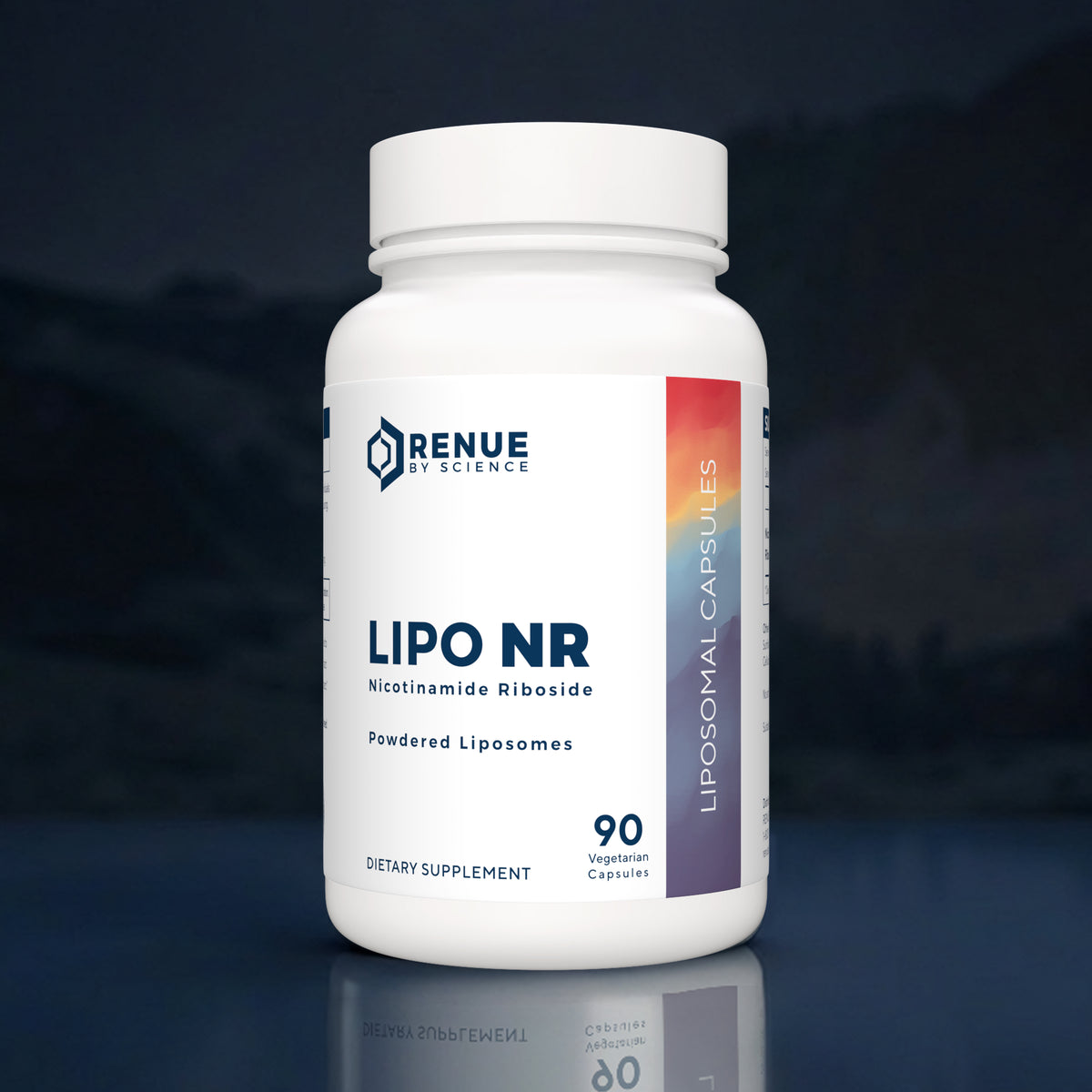 A white bottle of Renue by Science Lipo NR dietary supplement capsules, featuring a clean white label with blue text and a vertical orange-to-purple gradient stripe, set against a dark, moody background with a soft reflection.