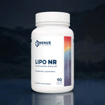 A white bottle of Renue by Science Lipo NR dietary supplement capsules, featuring a clean white label with blue text and a vertical orange-to-purple gradient stripe, set against a dark, moody background with a soft reflection.