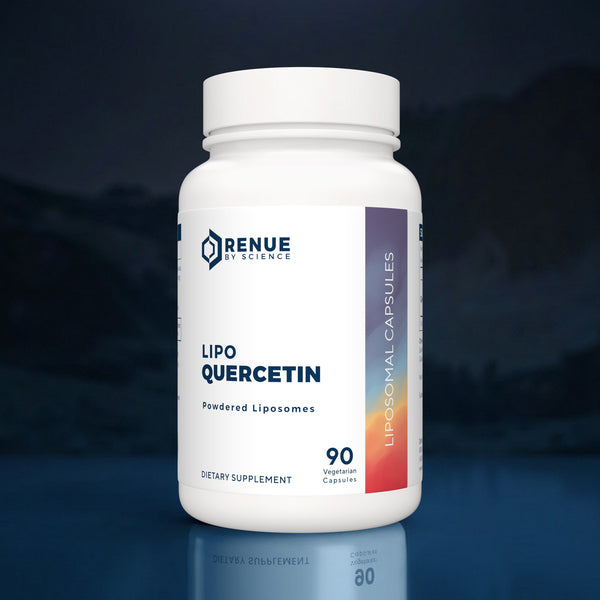 A white bottle of Renue by Science Lipo Quercetin dietary supplement, featuring a clean white label with blue and orange accents, set against a dark blue background with a subtle reflection.