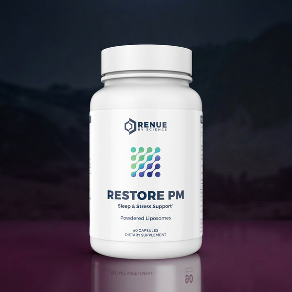 A white plastic bottle of Renue Nutrition Restore PM dietary supplement, featuring a clean white label with blue and green branding, set against a dark, moody background with a subtle reflection on a purple surface.