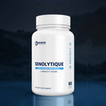 A white bottle of Renue Labs Senolytique Cellular Renewal dietary supplement, set against a dark blue, moody background with a subtle reflection on the surface below.