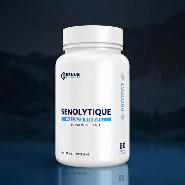 A white bottle of Renue Labs Senolytique Cellular Renewal dietary supplement, set against a dark blue, moody background with a subtle reflection on the surface below.