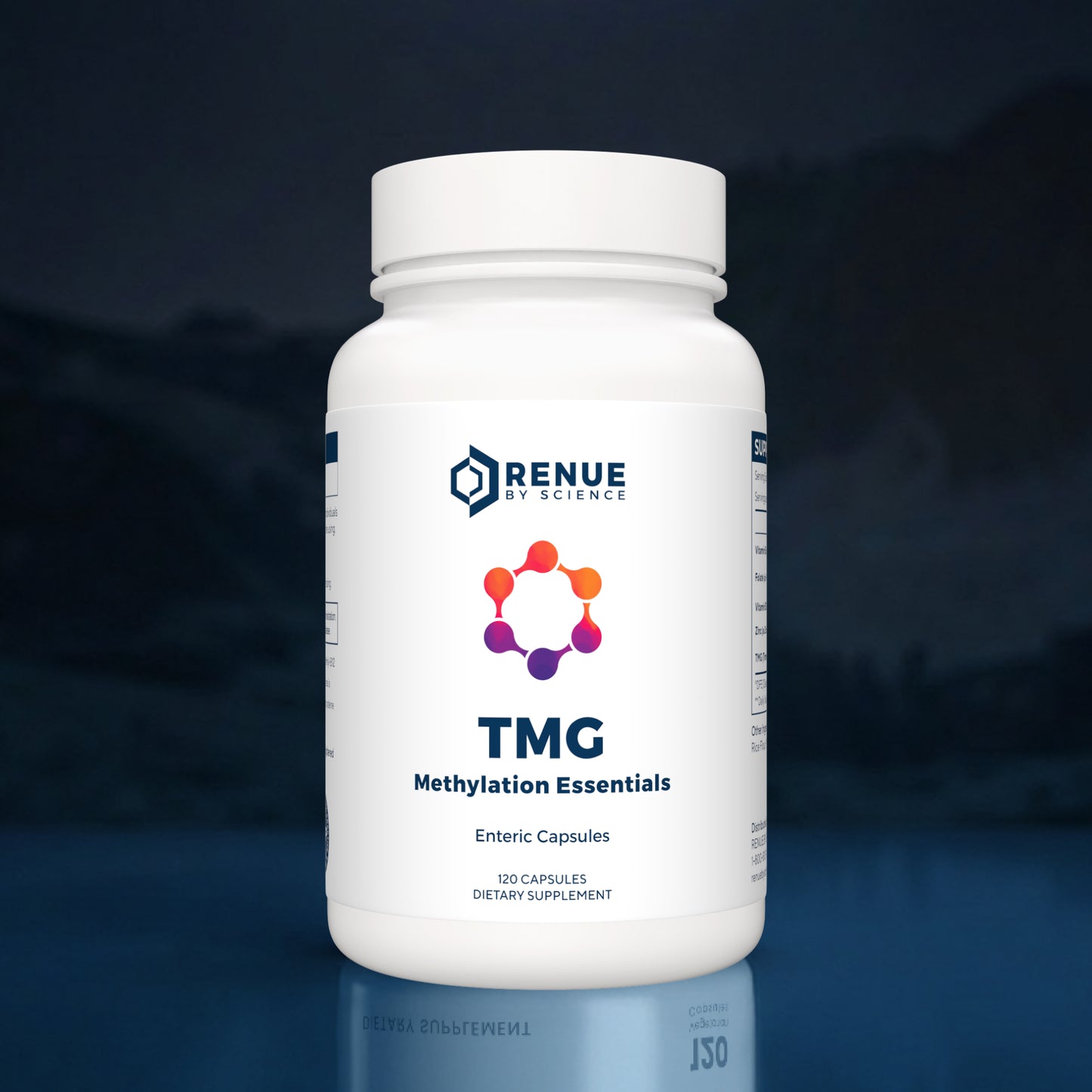 A white plastic bottle of TMG Methylation Essentials dietary supplement by Renue by Science, set against a dark blue reflective background.