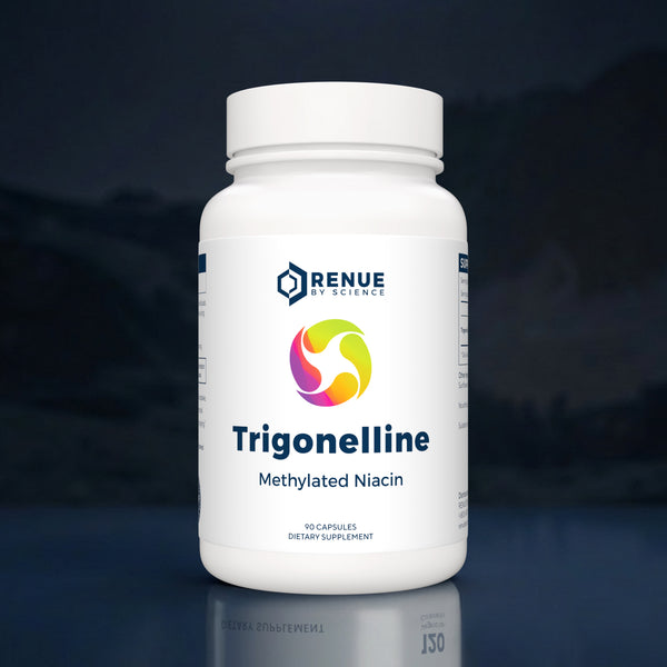 A white plastic bottle of Renue by Science Trigonelline Methylated Niacin dietary supplement, featuring a colorful circular logo and dark blue text, set against a dark, moody background with a soft reflection below.