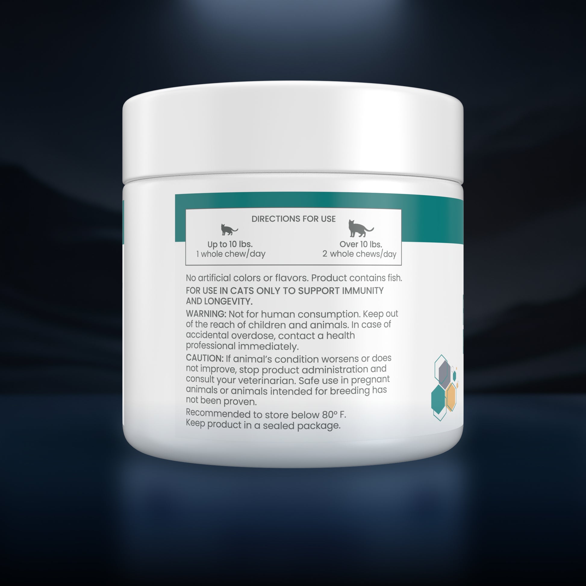 A white plastic jar of pet supplement with a white lid, featuring a teal and white label with usage directions for cats and a small green geometric logo, set against a dark blue gradient background.