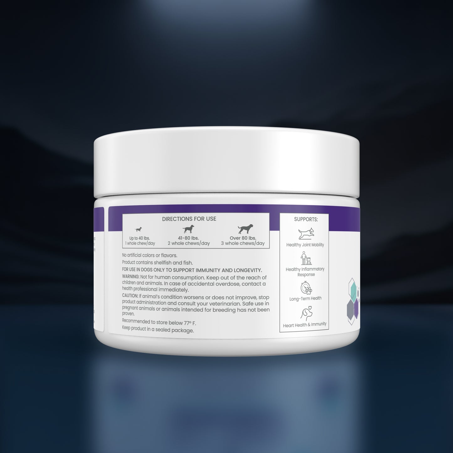 A white plastic jar of pet supplement powder, shown from the back label side against a dark blue gradient background. The label features purple headers and white text with icons for dogs and cats, detailing directions, ingredients, and support claims.