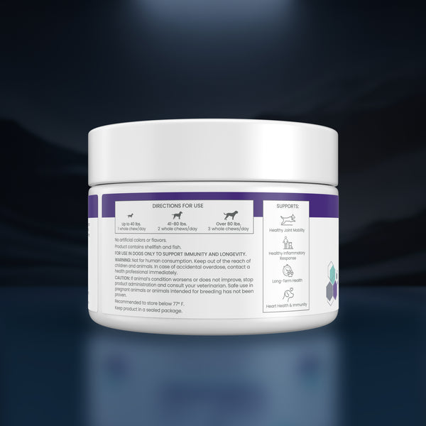 A white plastic jar of pet supplement powder, shown from the back label side against a dark blue gradient background. The label features purple headers and white text with icons for dogs and cats, detailing directions, ingredients, and support claims.