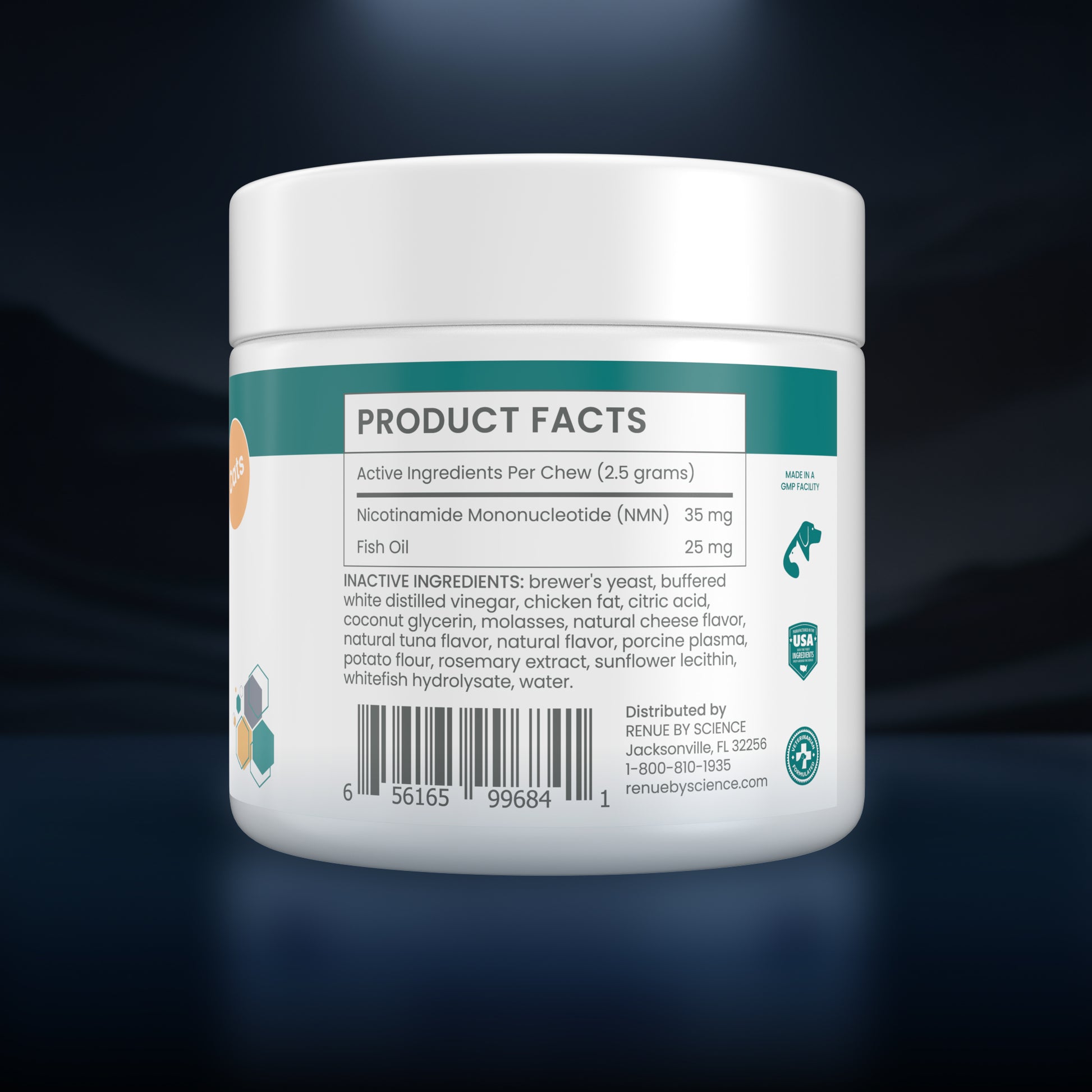 A white plastic tub of pet supplement with a teal and white product facts label, shown against a dark blue gradient background.