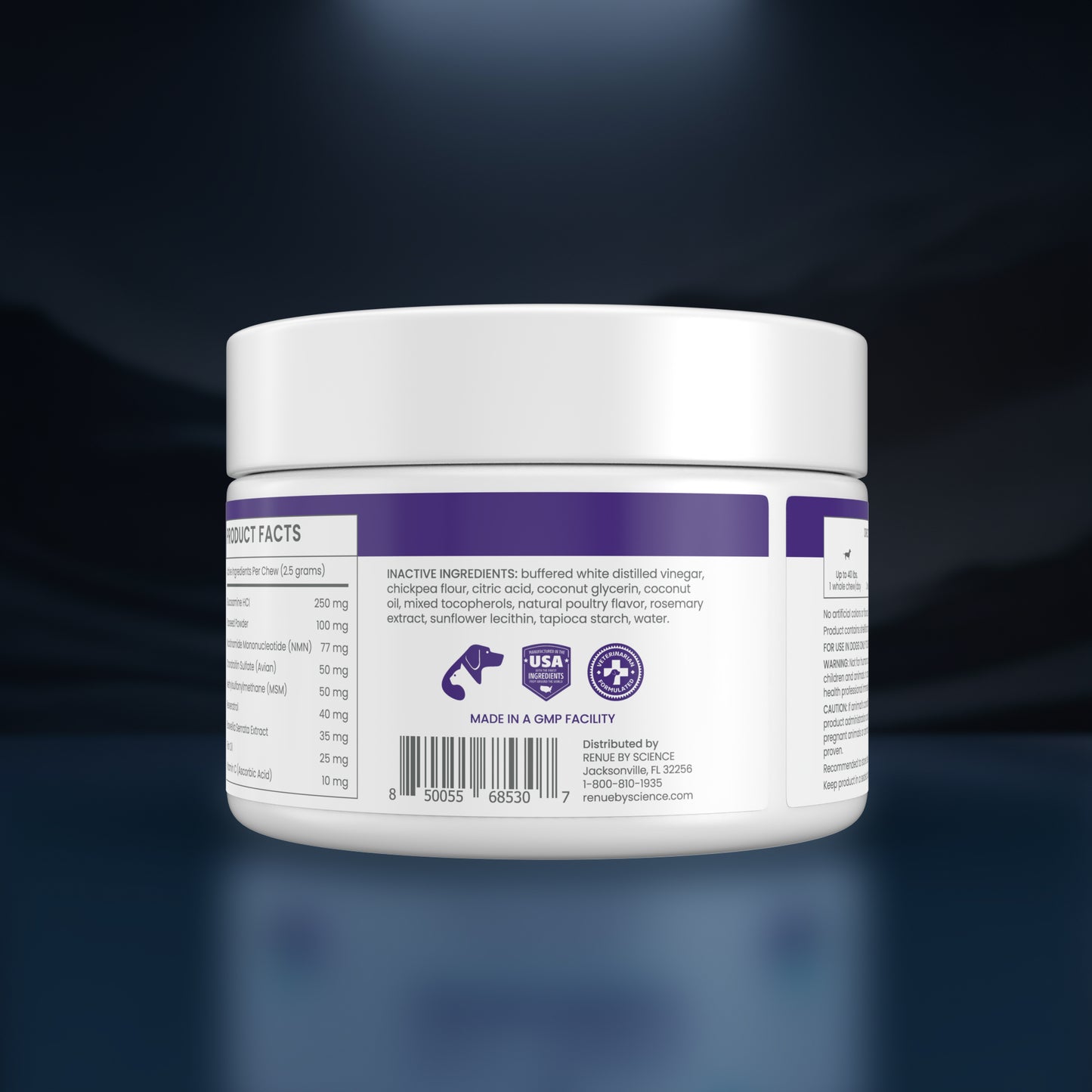 A white plastic jar of pet supplement powder shown from the back, featuring a white lid and a white label with purple accents, set against a dark blue gradient background.