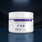 A white plastic jar of pet supplement powder shown from the back, featuring a white lid and a white label with purple accents, set against a dark blue gradient background.