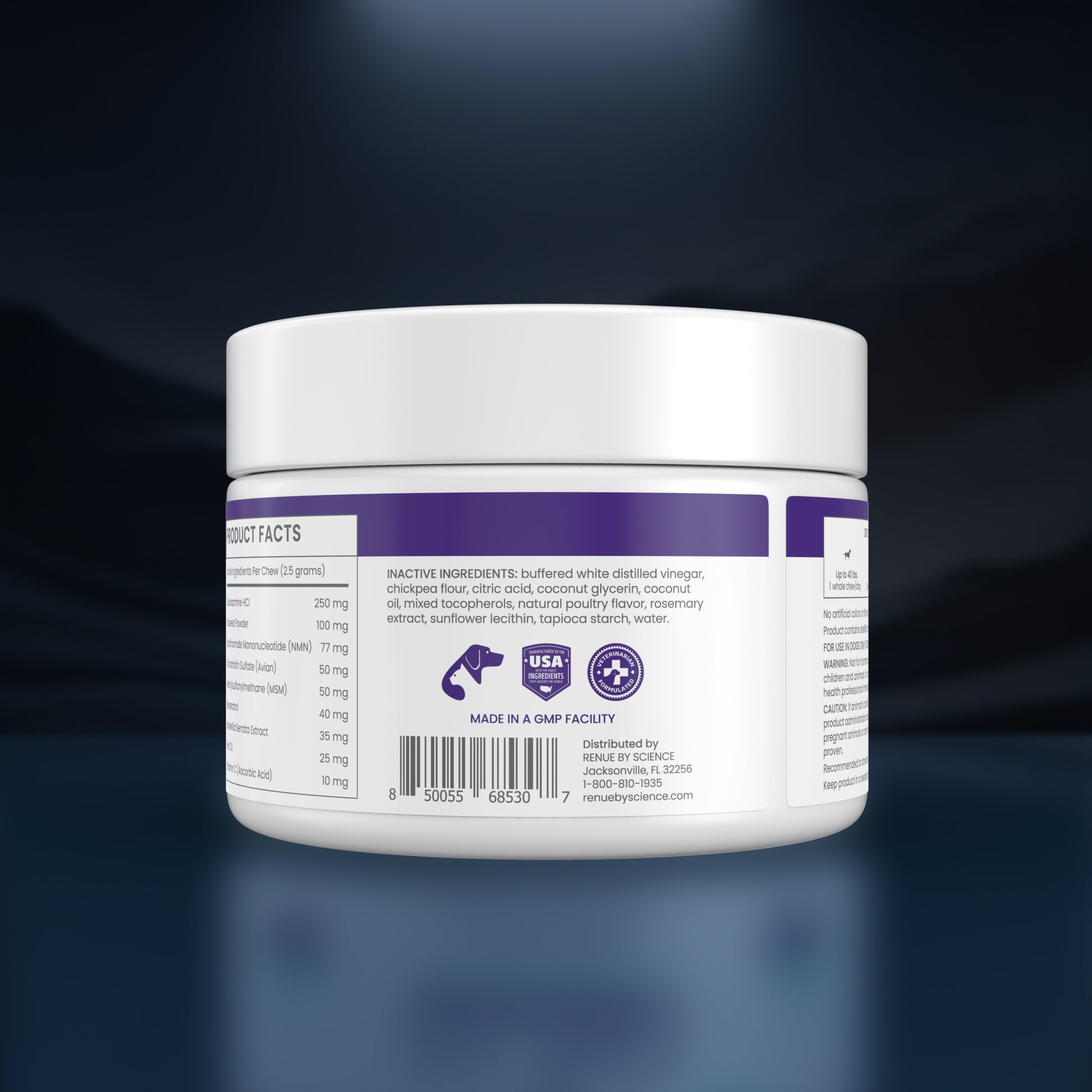 A white plastic jar of pet supplement powder shown from the back, featuring a white lid and a white label with purple accents, set against a dark blue gradient background.