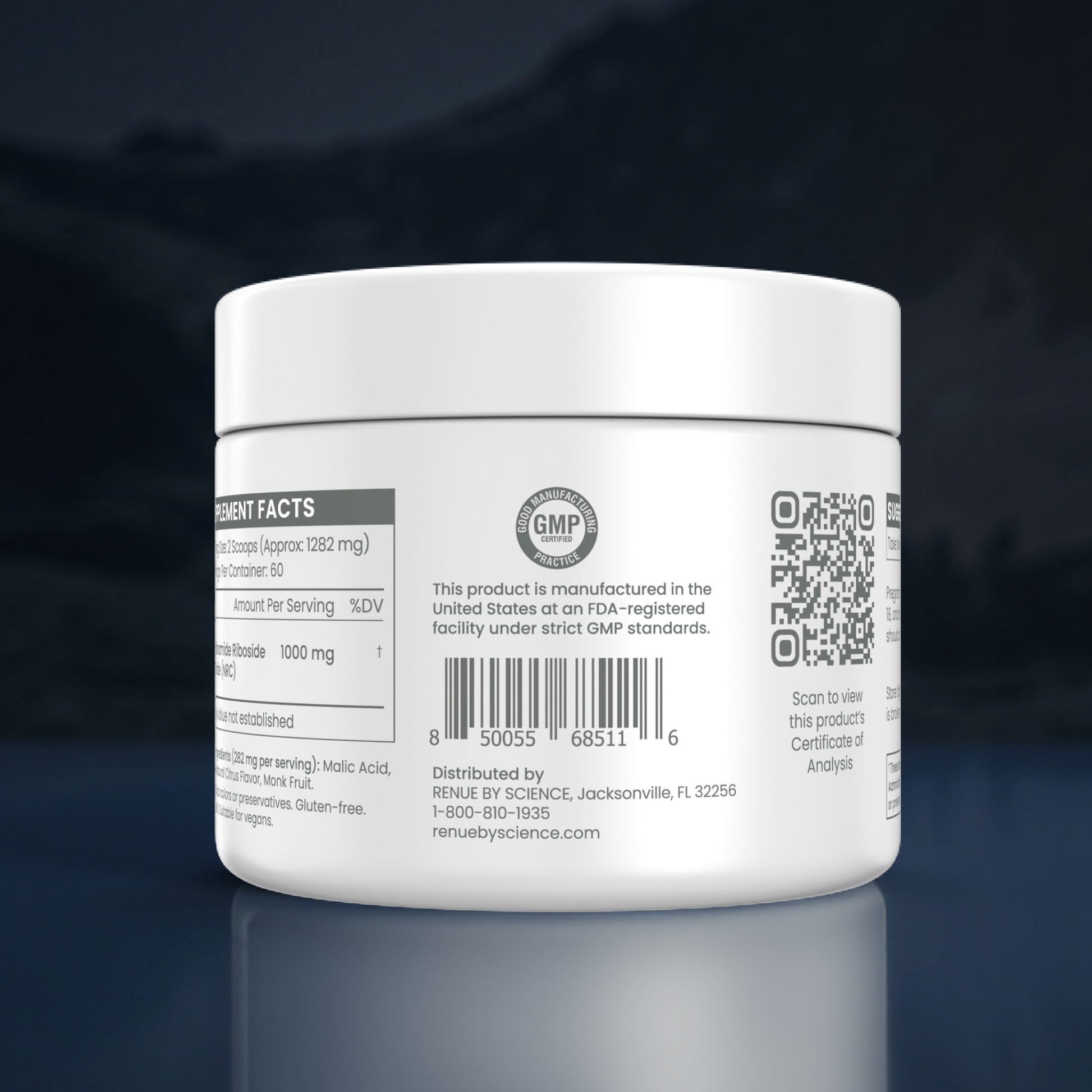 A white plastic supplement jar shown from the back, featuring a white lid, a barcode, a GMP seal, and a QR code on a dark reflective background.