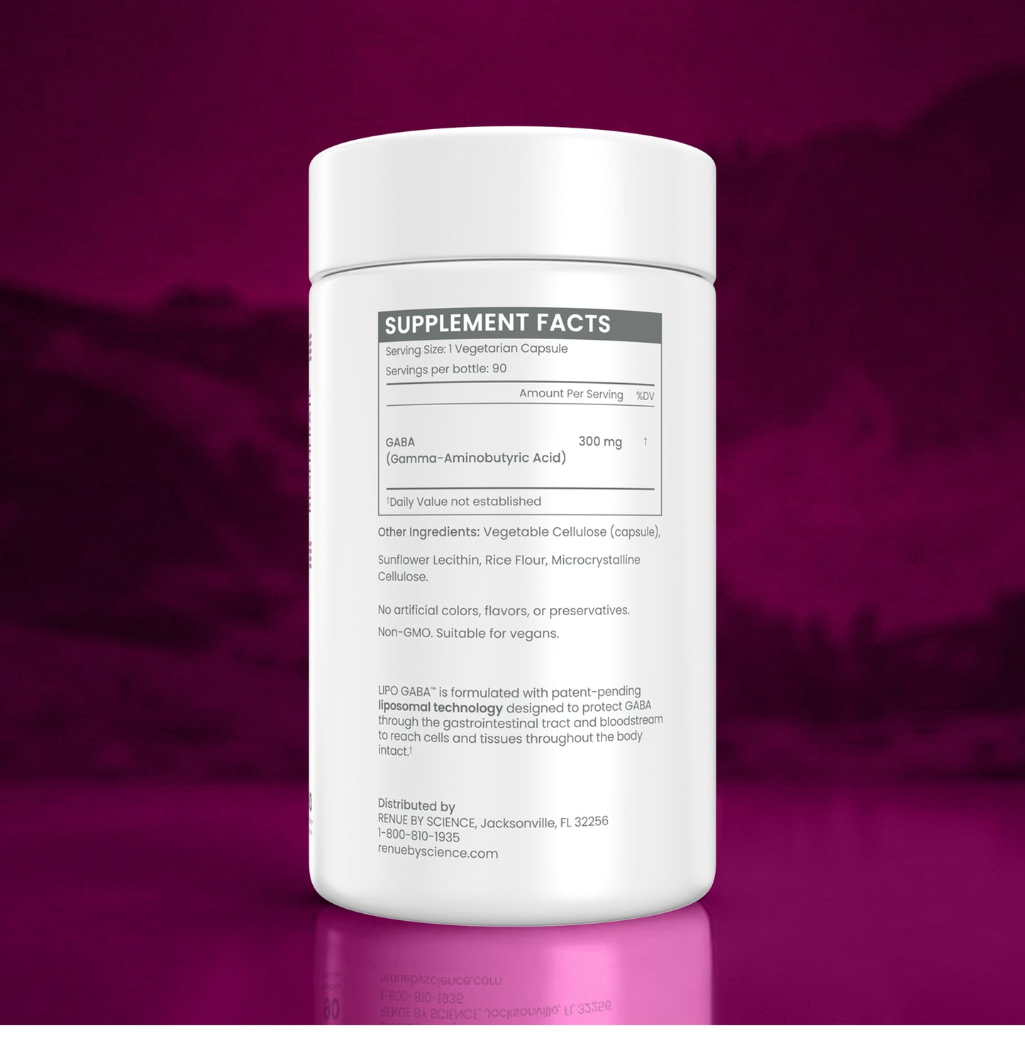A white plastic bottle of dietary supplement facts, shown from the back label side against a dark purple gradient background.