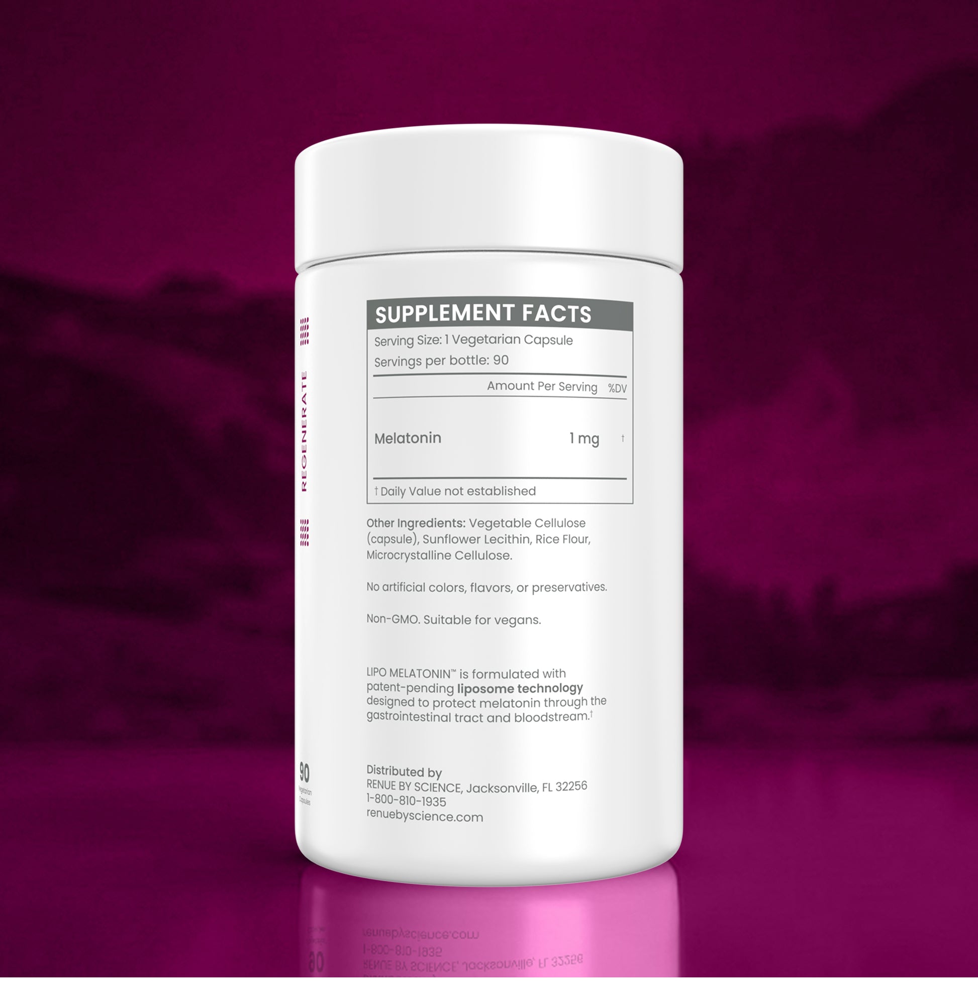 A white plastic bottle of dietary supplements with a white cap, showing the back label with supplement facts for Melatonin 1 mg. The bottle is centered against a dark purple background with a subtle mountain silhouette.