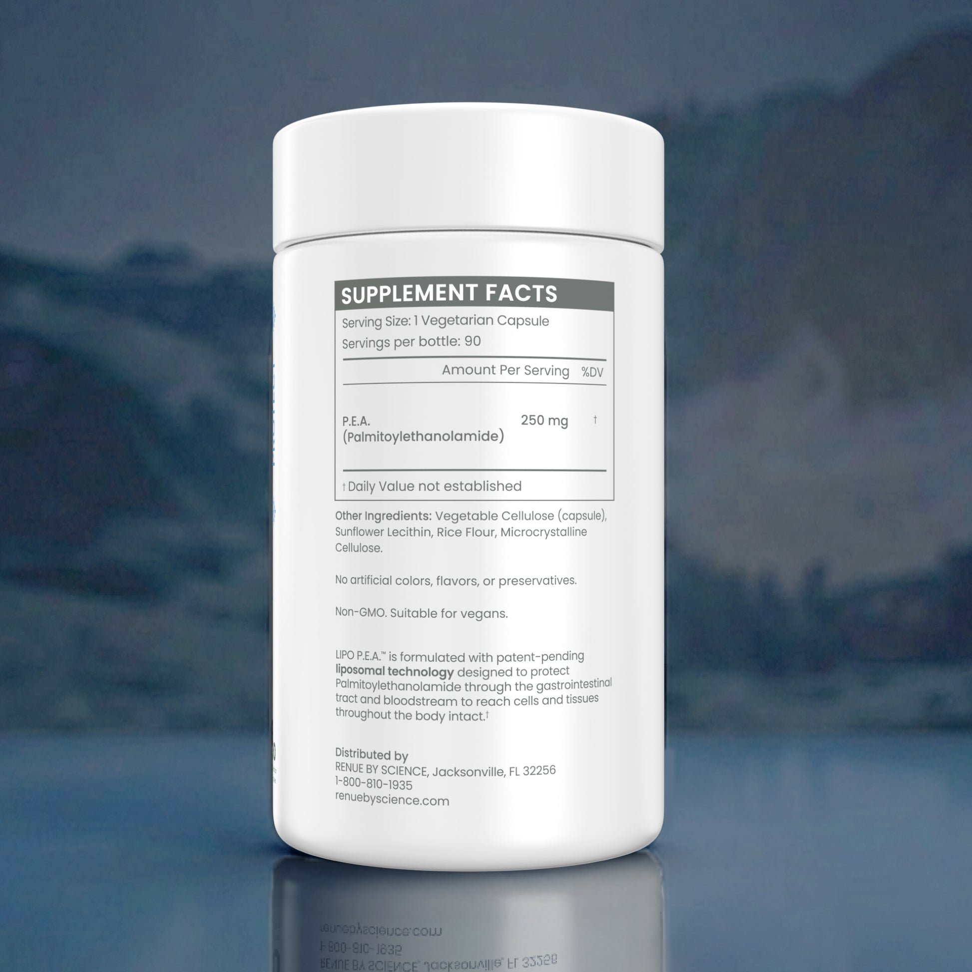A white plastic bottle of dietary supplements with a white cap, showing the 'Supplement Facts' label. The bottle is centered against a dark, moody background with a soft reflection on a dark surface below.