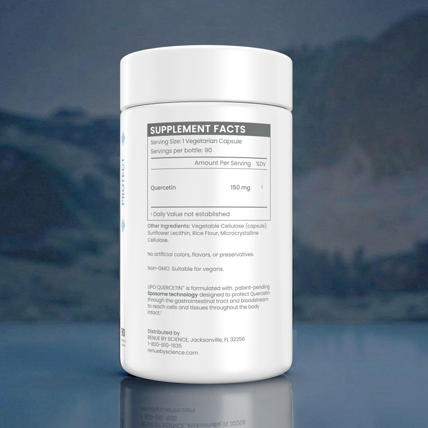 A white plastic bottle of USP-QUBCRTIN capsules with a white cap, showing the supplement facts label, set against a dark, moody background with a soft reflection on the surface below.