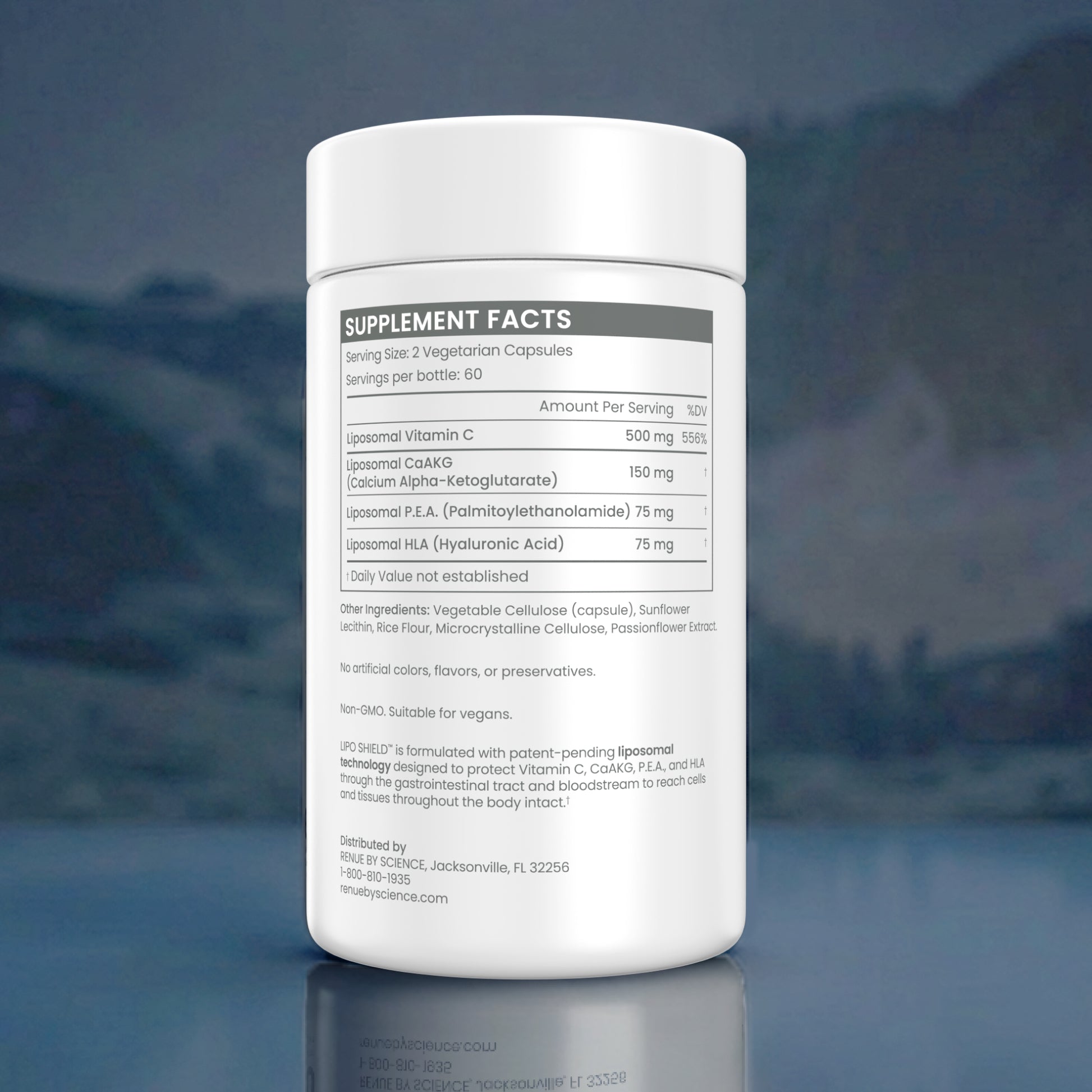 A white plastic supplement bottle shown from the back, displaying the supplement facts label against a blurred blue-gray background.