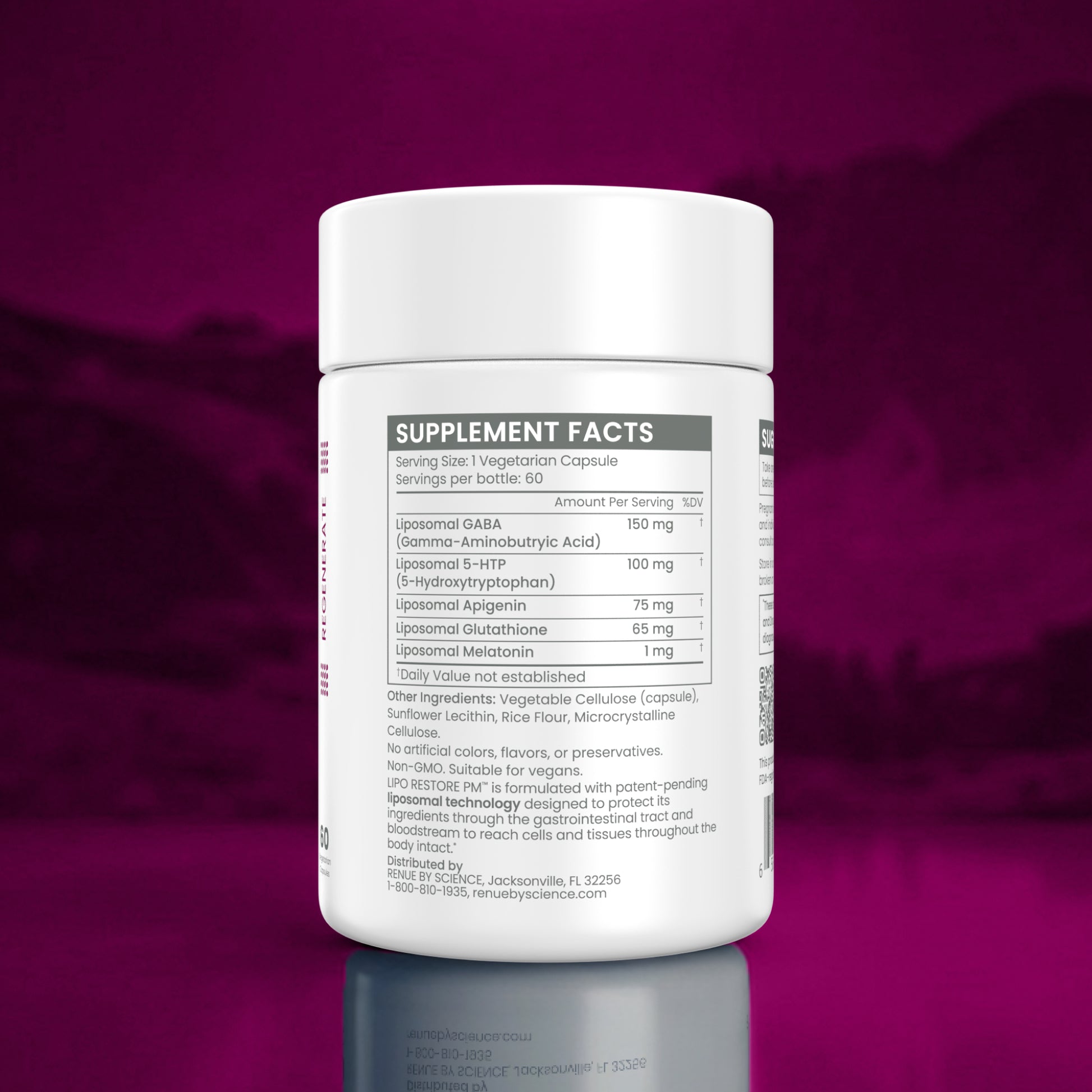 A white plastic bottle of dietary supplements shown from the back, displaying the Supplement Facts label against a dark purple background with a reflective surface.