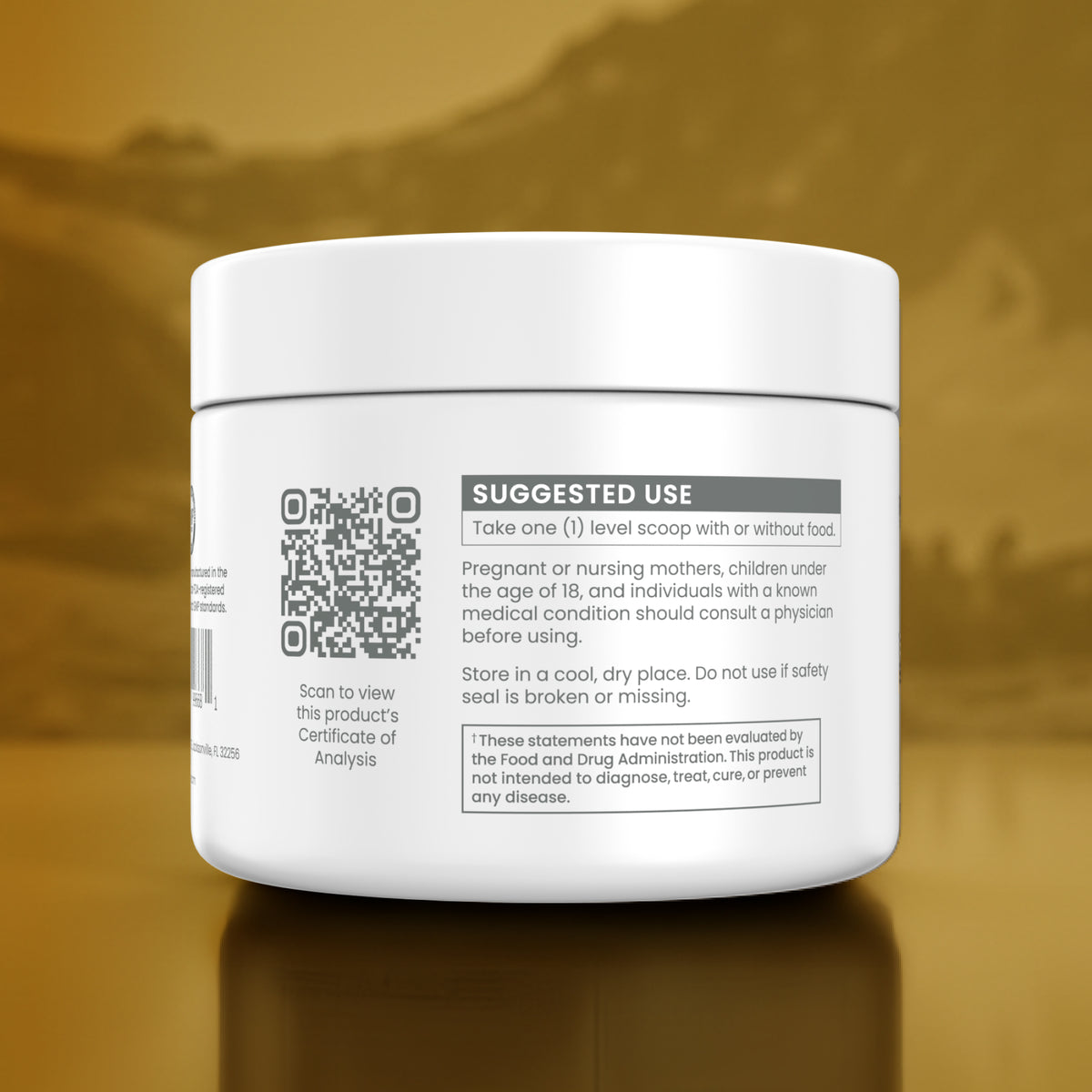 A white plastic supplement jar shown from the back, featuring a QR code and suggested use text, set against a reflective gold background.