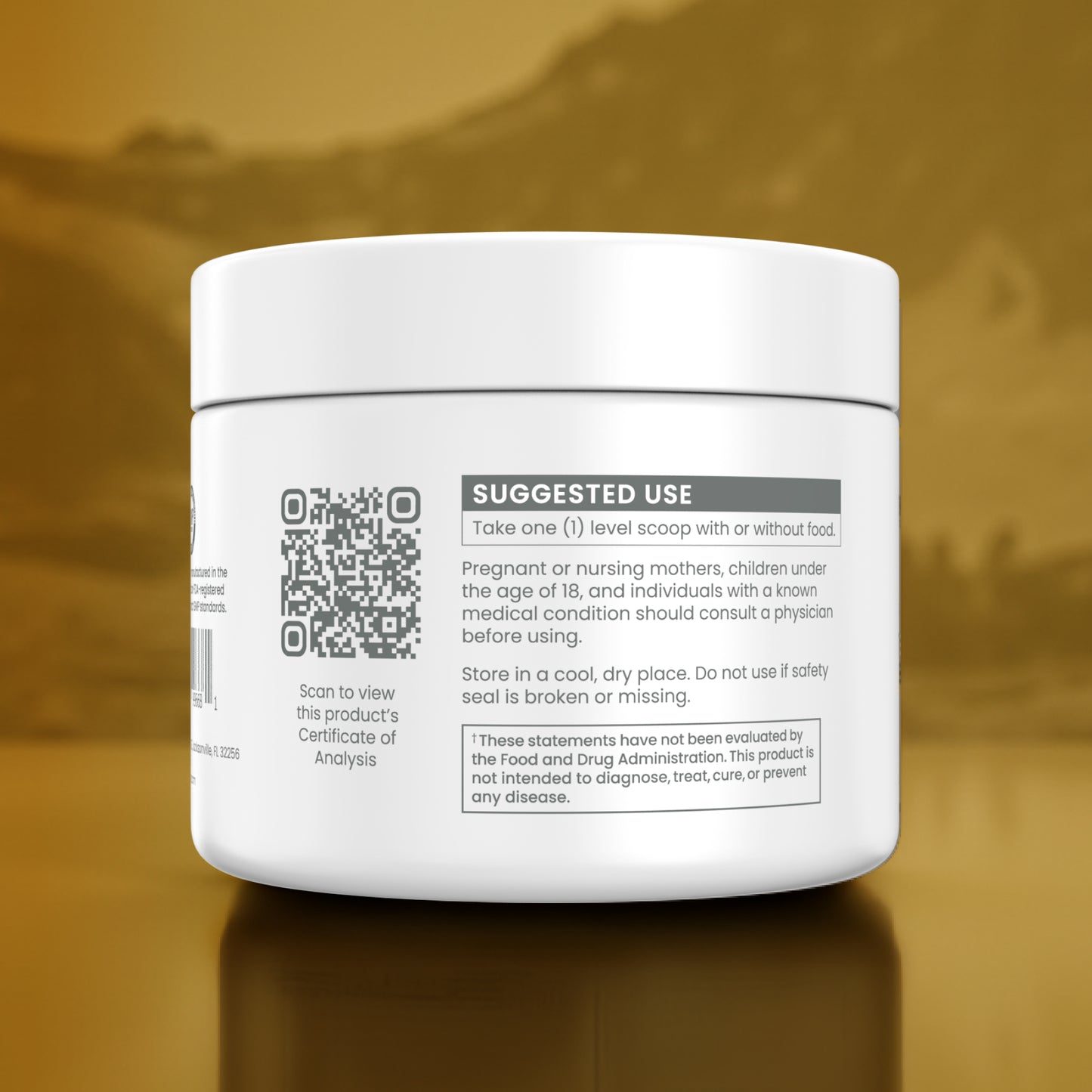 A white plastic supplement jar shown from the back, featuring a QR code and suggested use text, set against a reflective gold background.