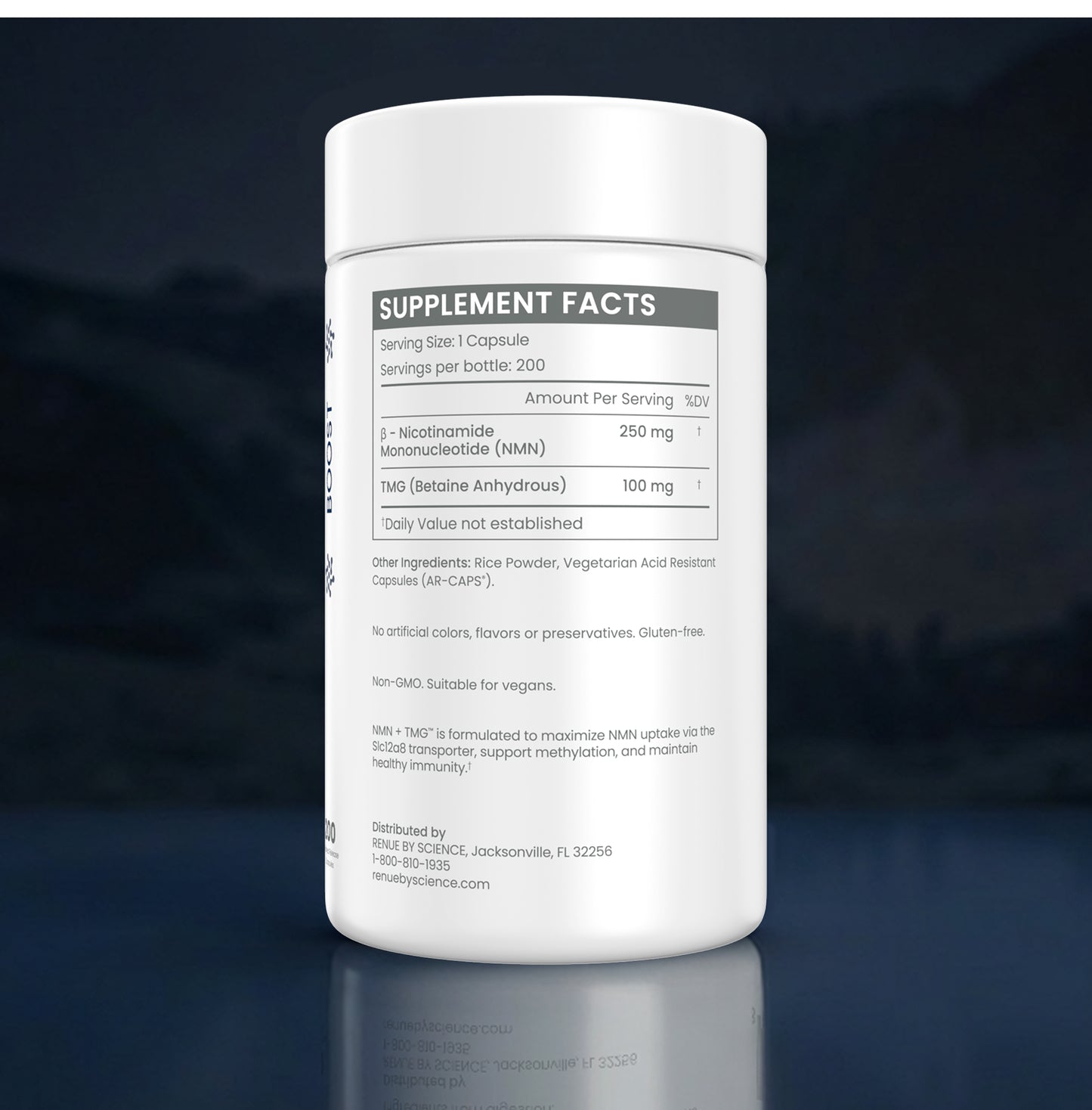 A white plastic bottle of dietary supplements with a white cap, featuring a detailed supplement facts label, set against a dark blue reflective background.