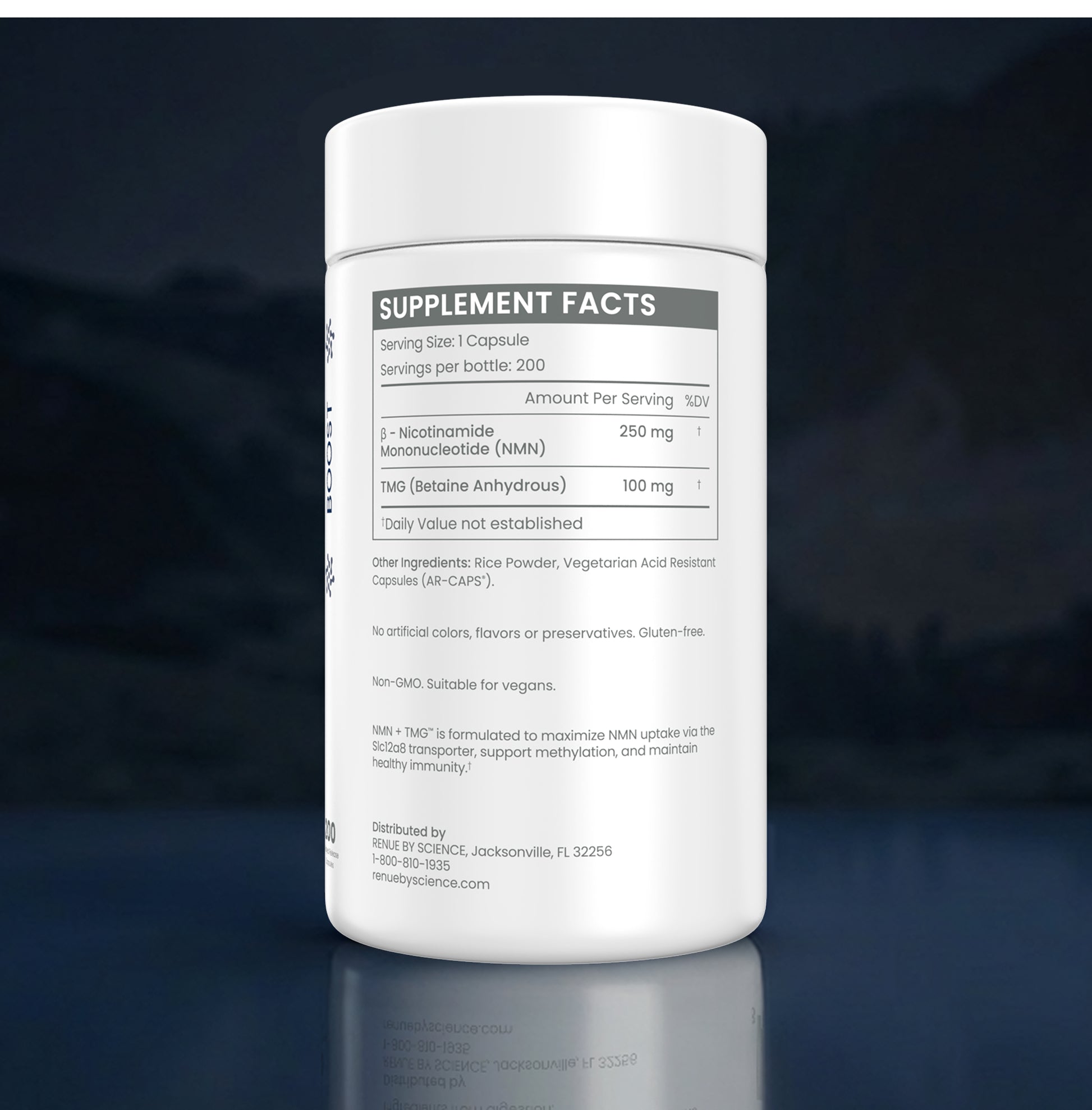 A white plastic bottle of dietary supplements with a white cap, featuring a detailed supplement facts label, set against a dark blue reflective background.