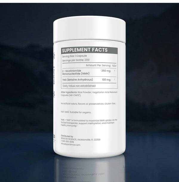 A white plastic bottle of dietary supplements with a white cap, featuring a detailed supplement facts label, set against a dark blue reflective background.