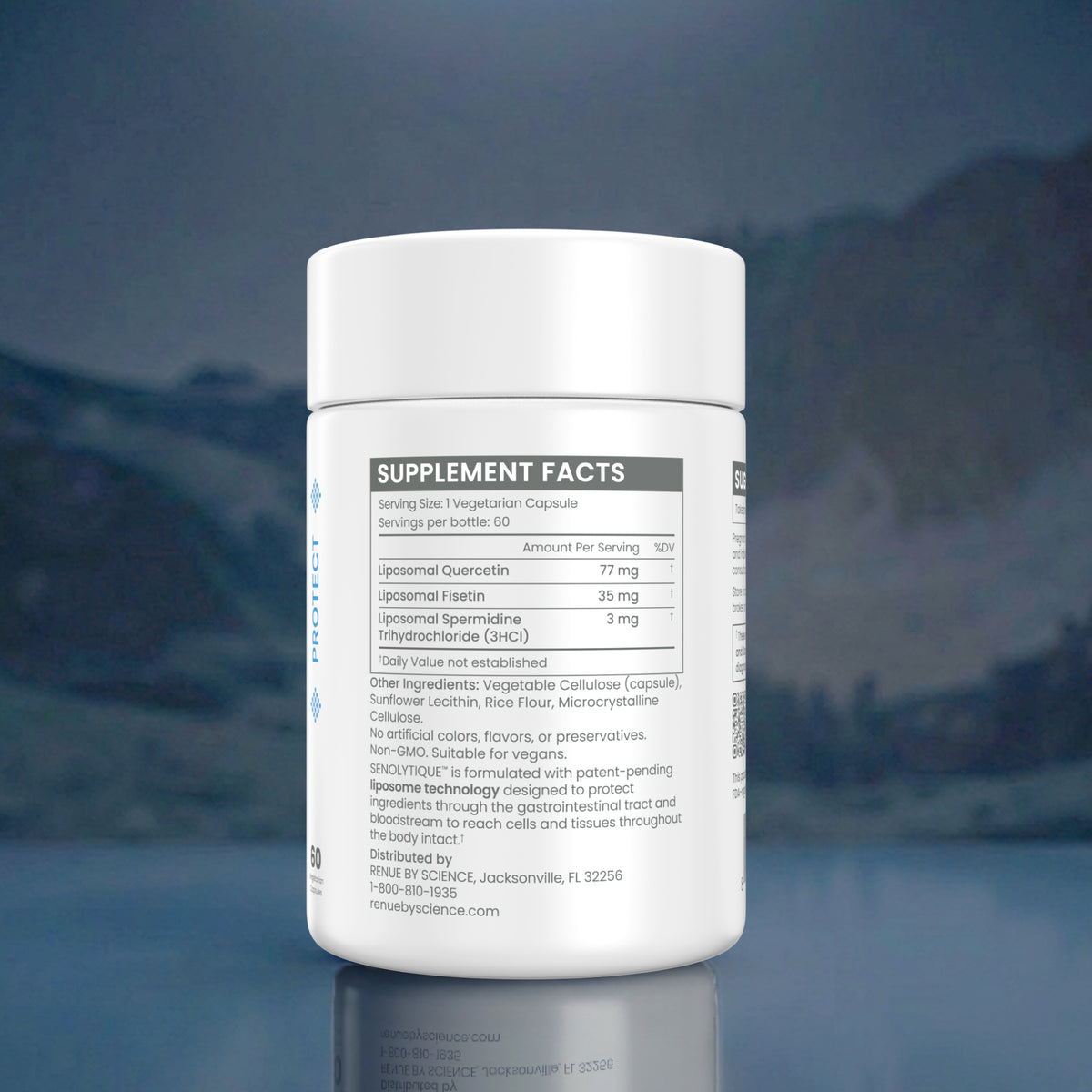 A white plastic bottle of supplement facts facing forward, with a printed supplement facts label on the front and side. The background is a dark, moody blue-gray studio setting with a soft reflection on the surface below.