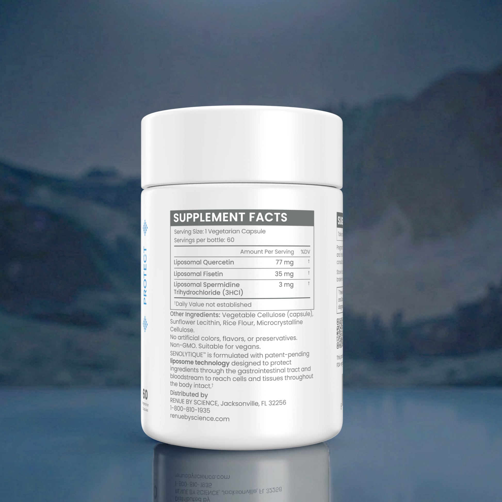 A white plastic bottle of supplement facts facing forward, with a printed supplement facts label on the front and side. The background is a dark, moody blue-gray studio setting with a soft reflection on the surface below.